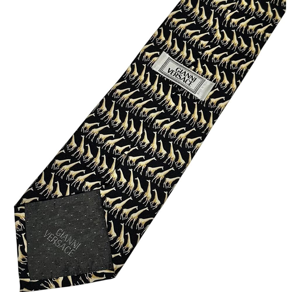 Gianni Versace Men's Vintage Silk Tie With Gold Giraffe Print on Black